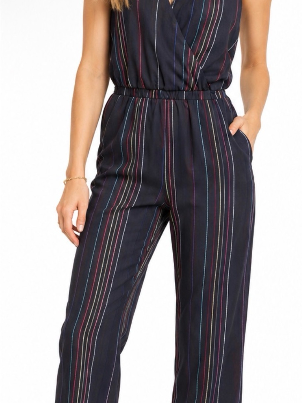 Dolan Anthropologie Striped Navy Sleeveless Jumpsuit Pockets Sz Large Boho Chic
